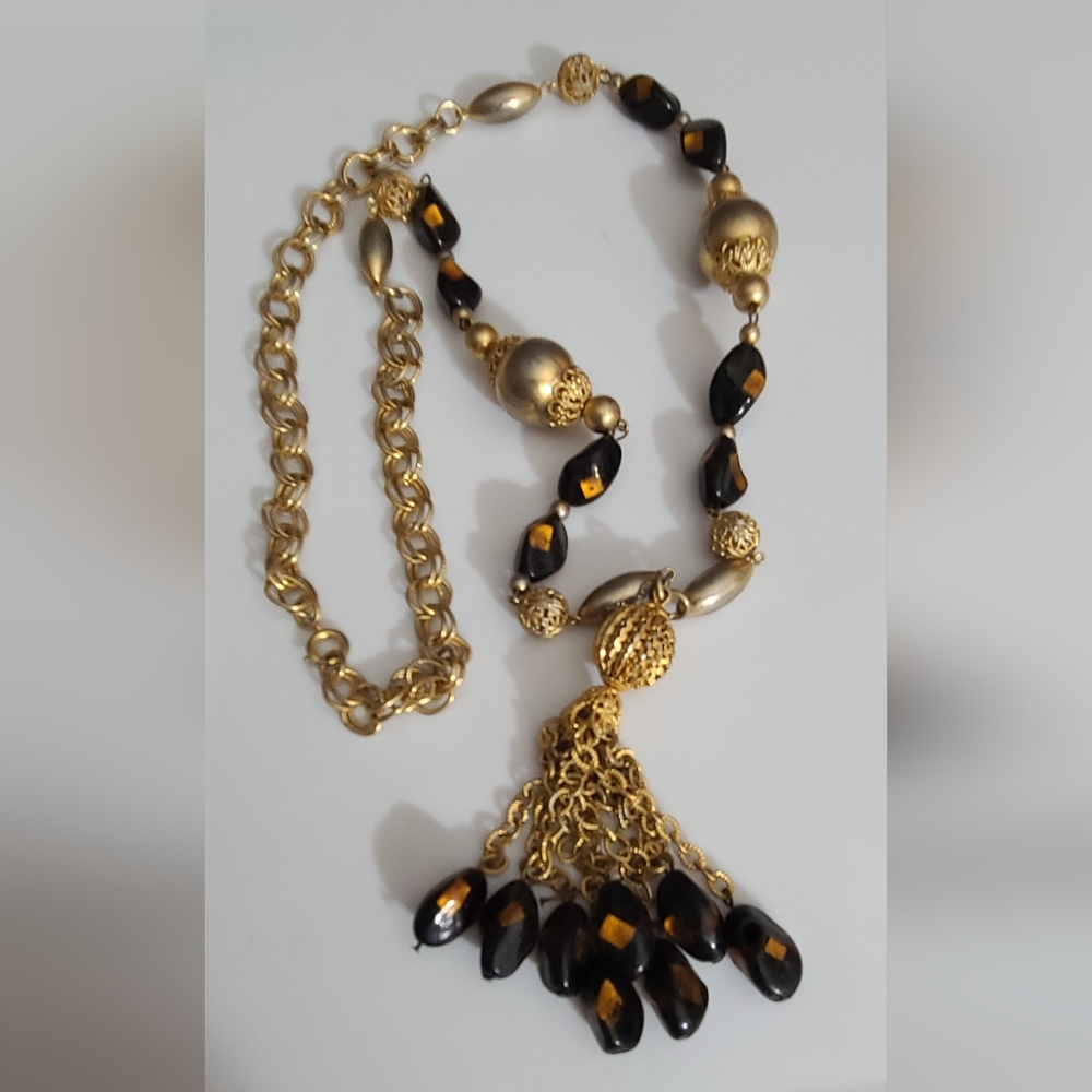 Vintage Murano filigree art deco style necklace 80's gold designer beaded glass
